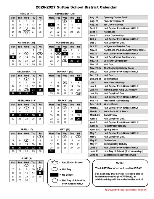 Sutton School District 2026–2027 Academic Calendar