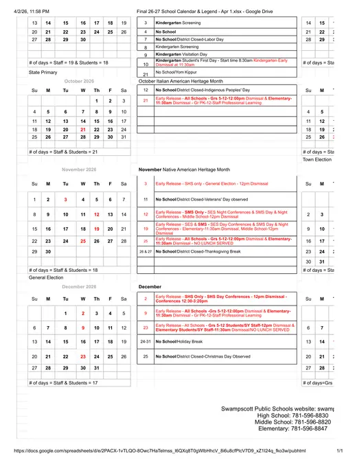 Swampscott Public Schools 2026–2027 Academic Calendar