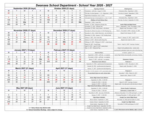 Swansea School Department 2026–2027 Academic Calendar