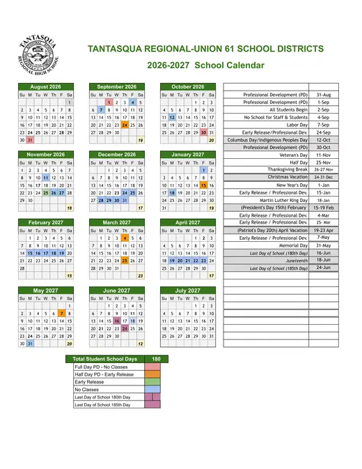 Tantasqua Regional-Union 61 School Districts 2026–2027 Academic Calendar Page 1