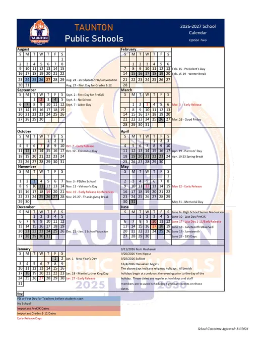 Taunton Public Schools 2026–2027 Academic Calendar