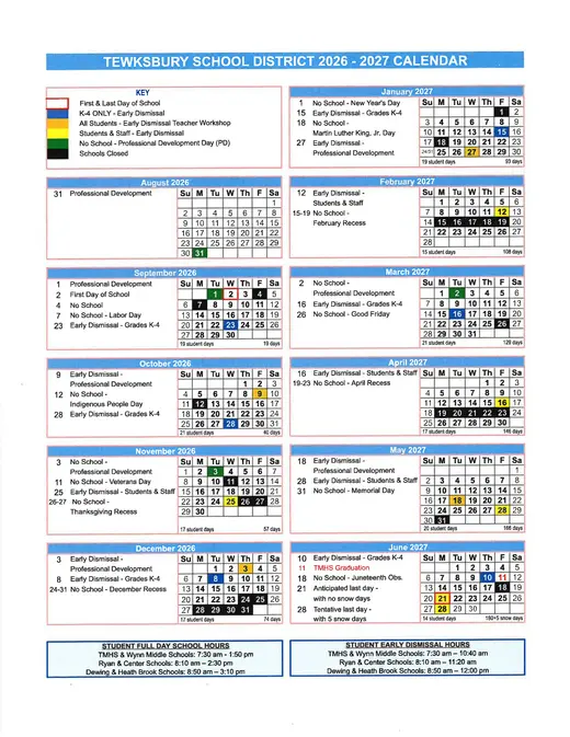 Tewksbury School District 2026–2027 Academic Calendar Page 1
