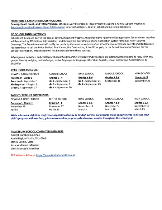 Tewksbury School District 2026–2027 Academic Calendar Page 2