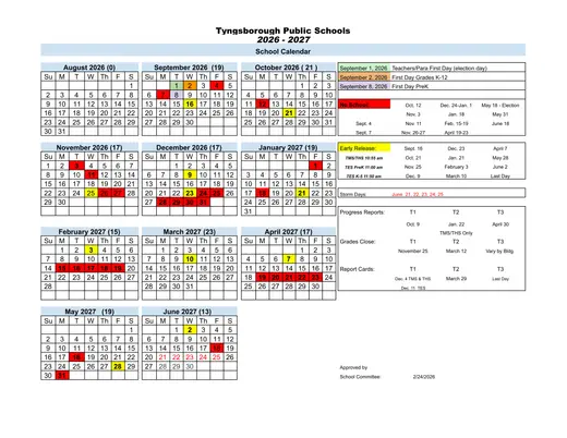 Tyngsborough Public Schools 2026–2027 Academic Calendar