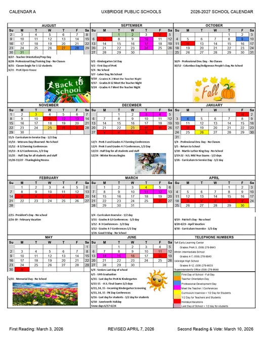 Uxbridge Public Schools 2026–2027 Academic Calendar