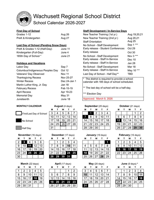 Wachusett Regional School District 2026–2027 Academic Calendar