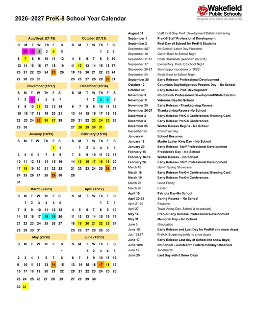 Wakefield Public Schools 2026–2027 Academic Calendar Page 2