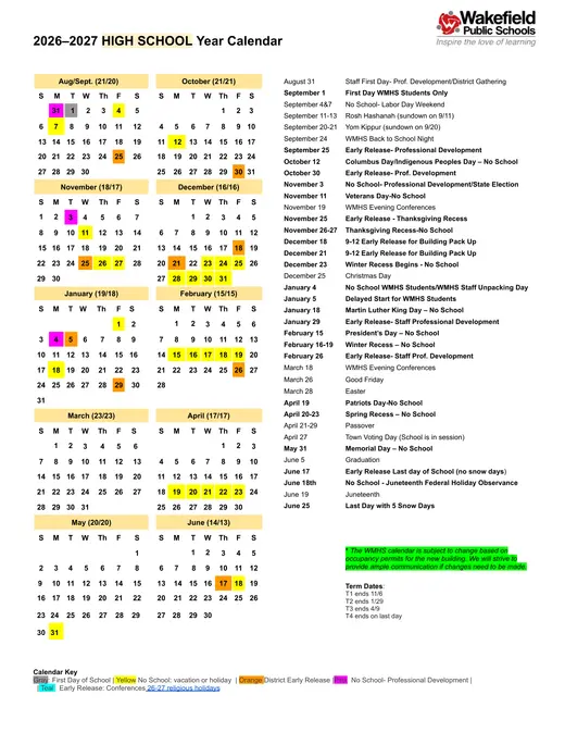 Wakefield Public Schools 2026–2027 Academic Calendar Page 3