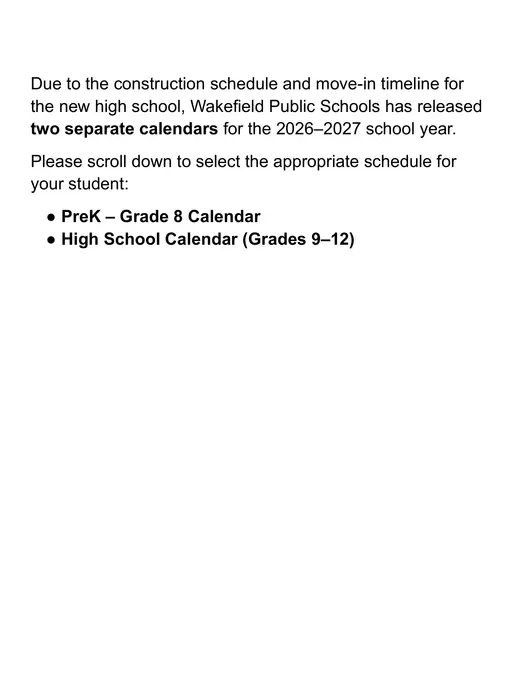 Wakefield Public Schools 2026–2027 Academic Calendar Page 1