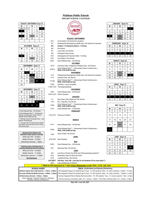 Waltham Public Schools 2026–2027 Academic Calendar Page 1