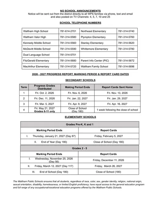 Waltham Public Schools 2026–2027 Academic Calendar Page 2