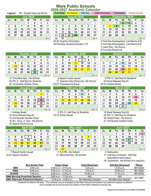 Ware Public Schools 2026–2027 Academic Calendar