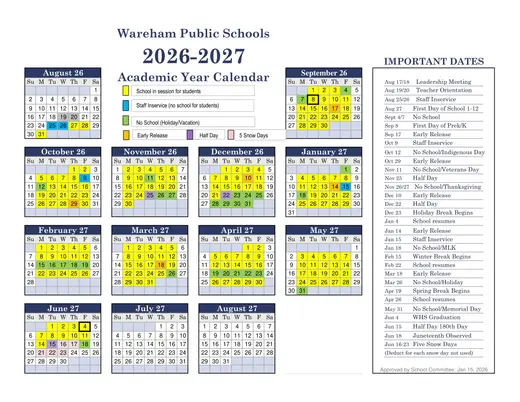 Wareham Public Schools 2026–2027 Academic Calendar