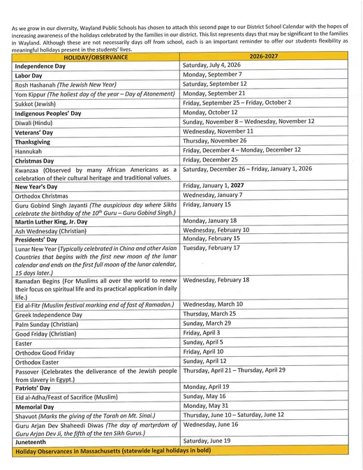 Wayland Public Schools 2026–2027 Academic Calendar Page 2