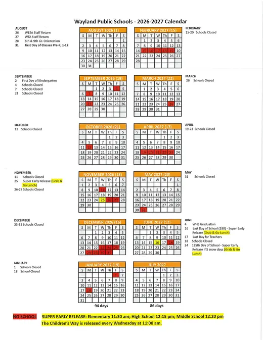 Wayland Public Schools 2026–2027 Academic Calendar Page 1