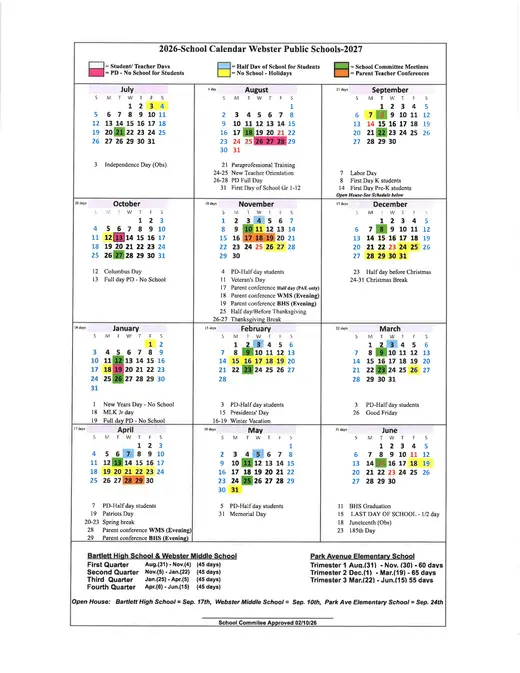 Webster Public Schools 2026–2027 Academic Calendar Page 1