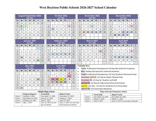 West Boylston Public Schools 2026–2027 Academic Calendar Page 1