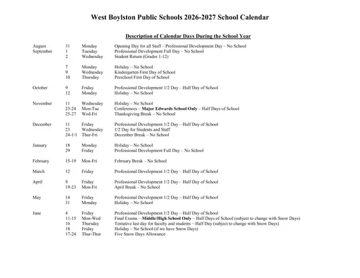 West Boylston Public Schools 2026–2027 Academic Calendar Page 2