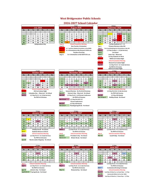 West Bridgewater Public Schools 2026–2027 Academic Calendar Page 1