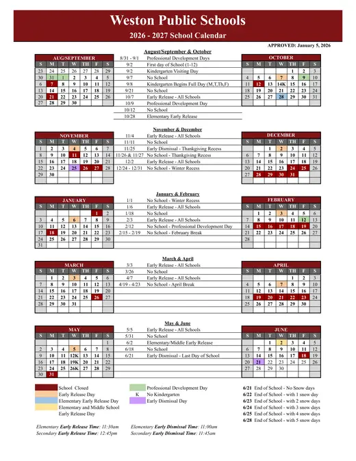 Weston Public Schools 2026–2027 Academic Calendar Page 1