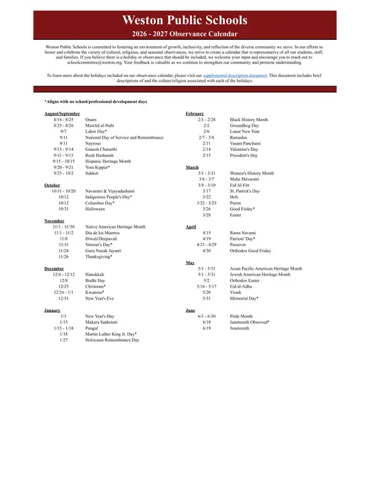 Weston Public Schools 2026–2027 Academic Calendar Page 2