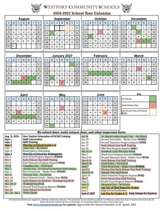 Westport Community Schools 2026–2027 Academic Calendar