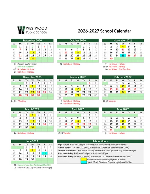 Westwood Public Schools 2026–2027 Academic Calendar Page 1