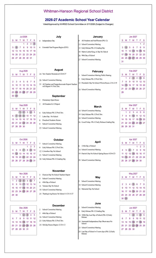 Whitman-Hanson Regional School District 2026–2027 Academic Calendar