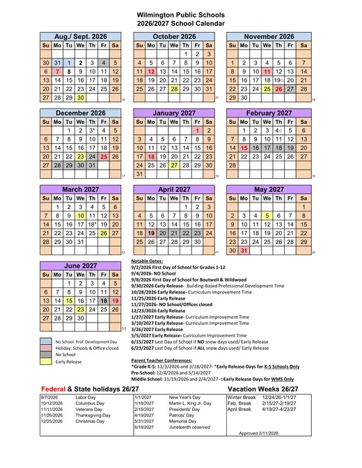 Wilmington Public Schools 2026–2027 Academic Calendar