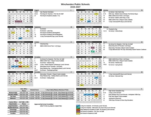 Winchendon Public Schools 2026–2027 Academic Calendar Page 1