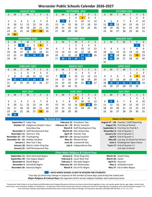 Worcester Public Schools 2026–2027 Academic Calendar