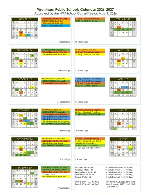 Wrentham Public Schools 2026–2027 Academic Calendar