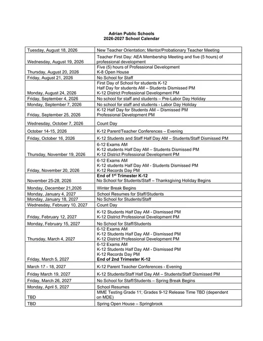 Adrian Public Schools 2026–2027 Academic Calendar Page 1