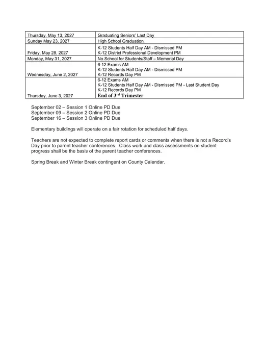 Adrian Public Schools 2026–2027 Academic Calendar Page 2