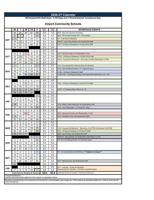 Airport Community Schools 2026–2027 Academic Calendar Page 1