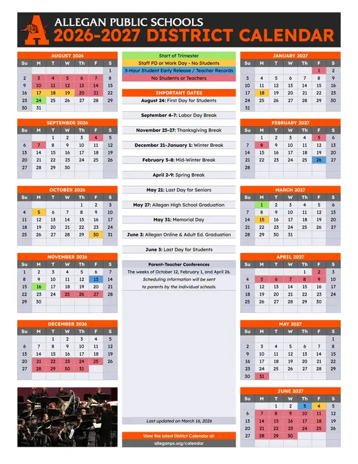 Allegan Public Schools 2026–2027 Academic Calendar Page 1