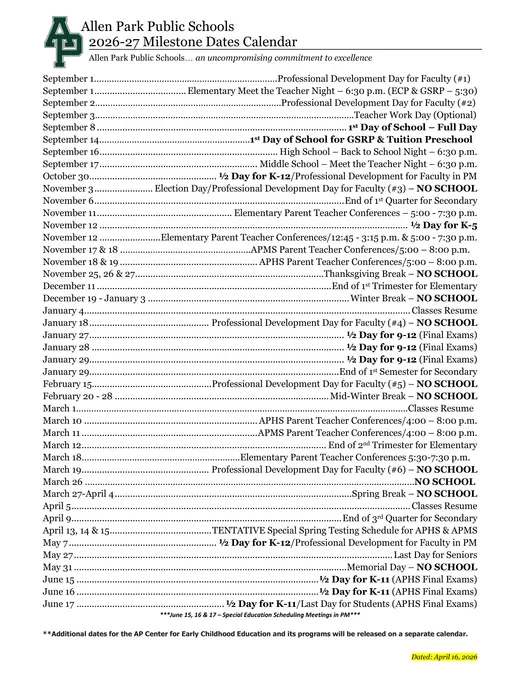 Allen Park Public Schools 2026–2027 Academic Calendar Page 1