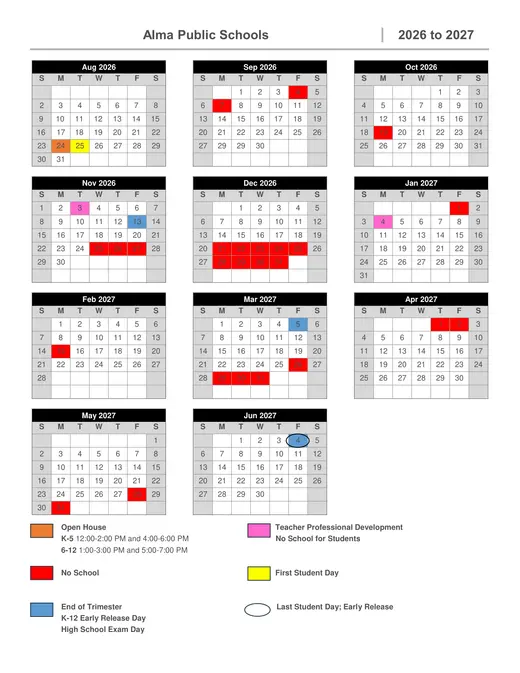 Alma Public Schools 2026–2027 Academic Calendar Page 1