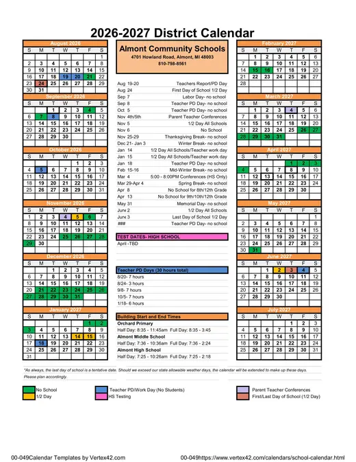 Almont Community Schools 2026–2027 Academic Calendar Page 2