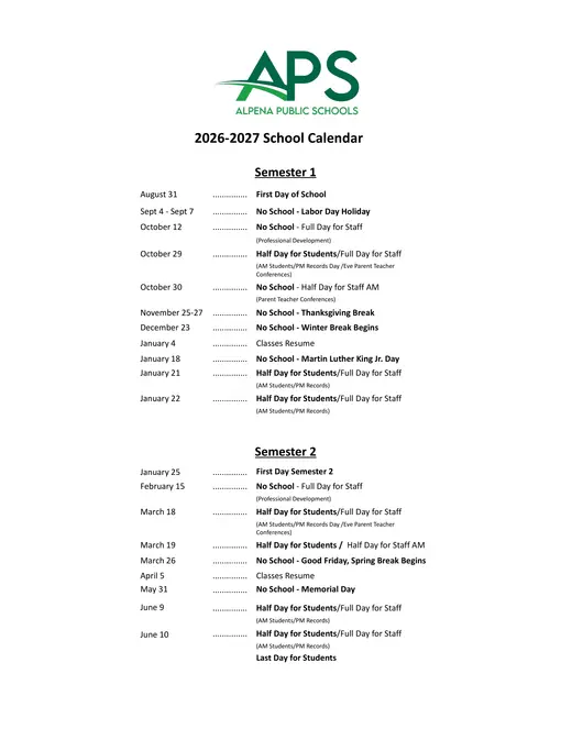 Alpena Public Schools 2026–2027 Academic Calendar Page 1