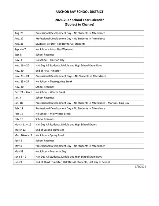 Anchor Bay School District 2026–2027 Academic Calendar Page 1