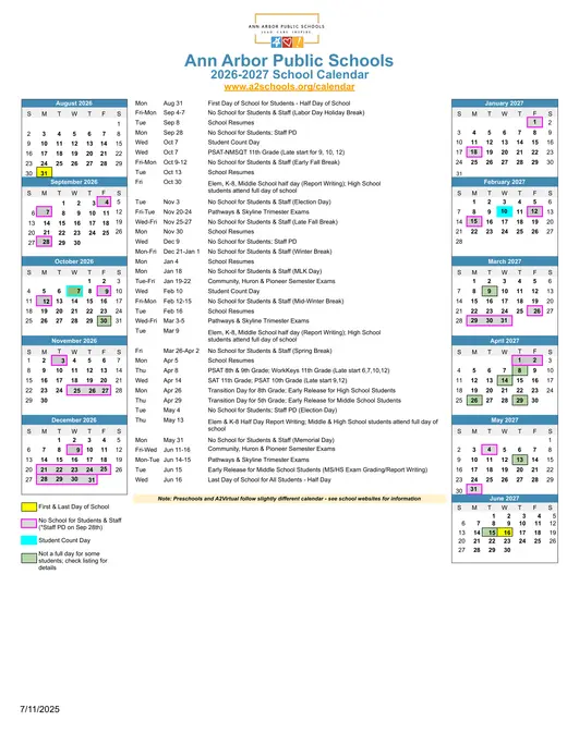 Ann Arbor Public Schools 2026–2027 Academic Calendar