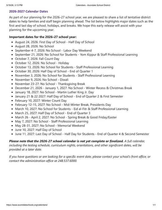 Avondale School District 2026–2027 Academic Calendar