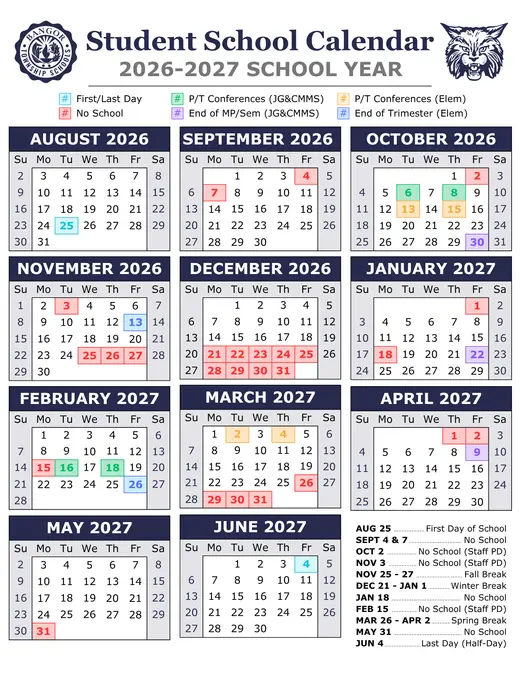 Bangor Township Schools 2026–2027 Academic Calendar Page 2