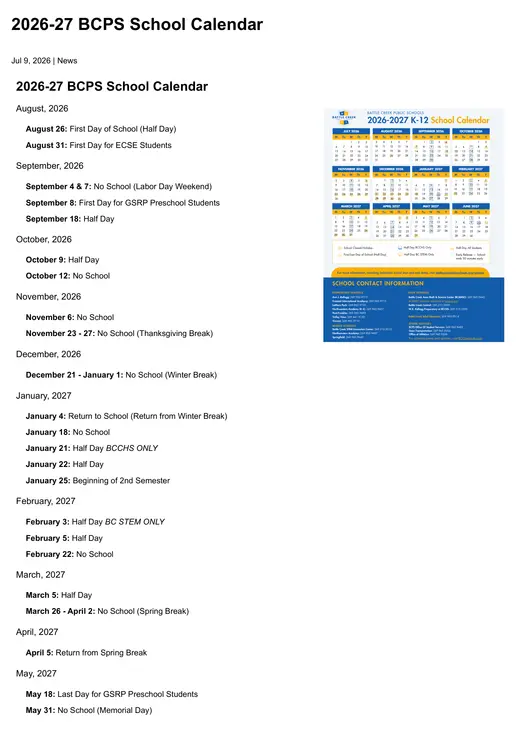 Battle Creek Public Schools 2026–2027 Academic Calendar Page 1