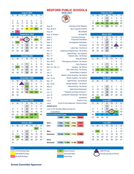 Bedford Public Schools 2026–2027 Academic Calendar Page 1