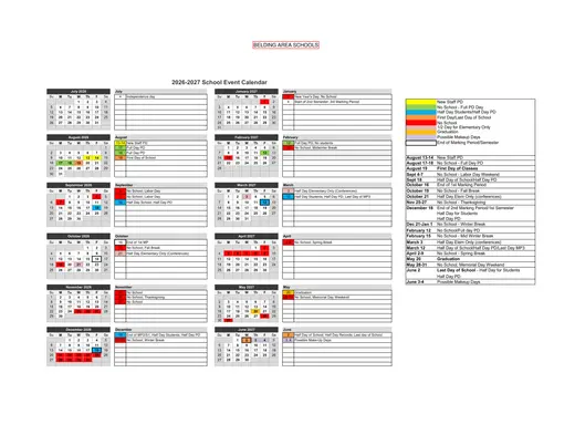 Belding Area Schools 2026–2027 Academic Calendar Page 1