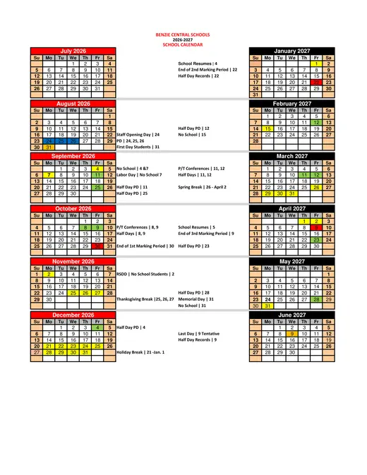 Benzie Central Schools 2026–2027 Academic Calendar Page 1