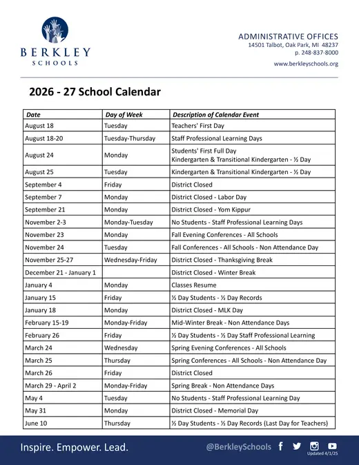 Berkley Schools 2026–2027 Academic Calendar