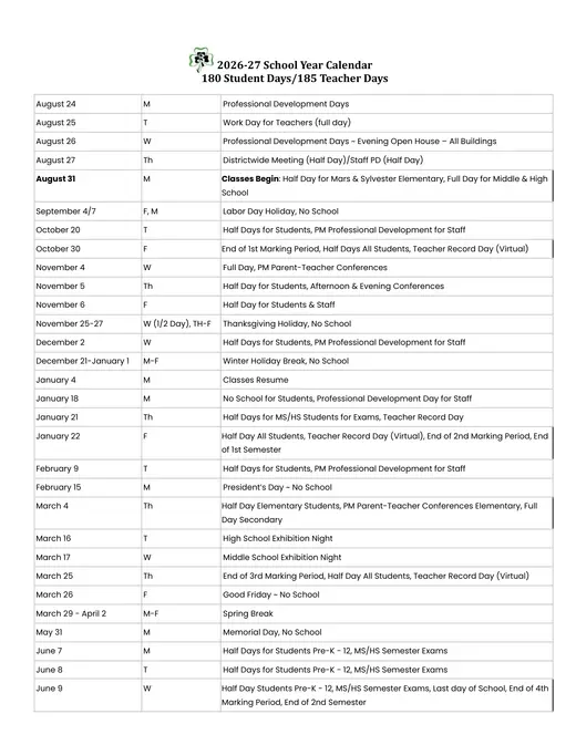 Berrien Springs Public Schools 2026–2027 Academic Calendar Page 1